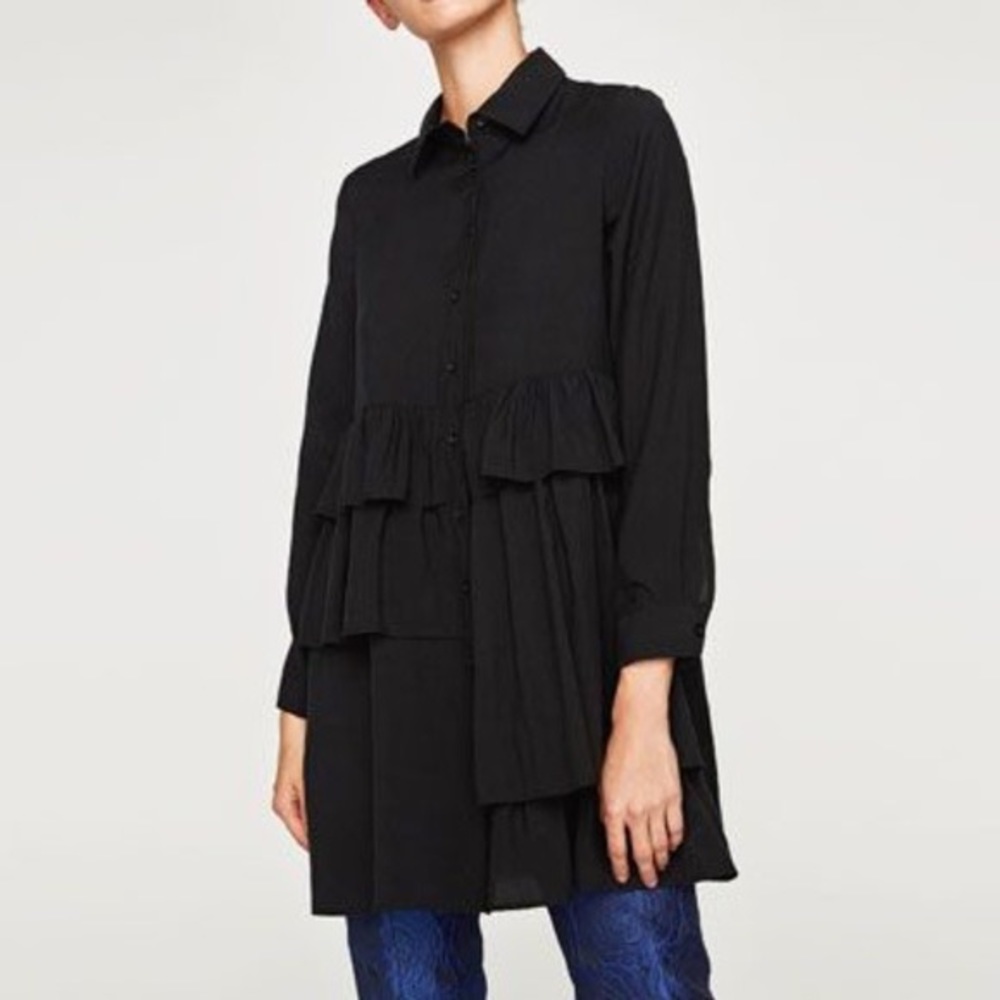 🕶️ ZARA Shirt Dress w/ Tiered Frills Sz XL